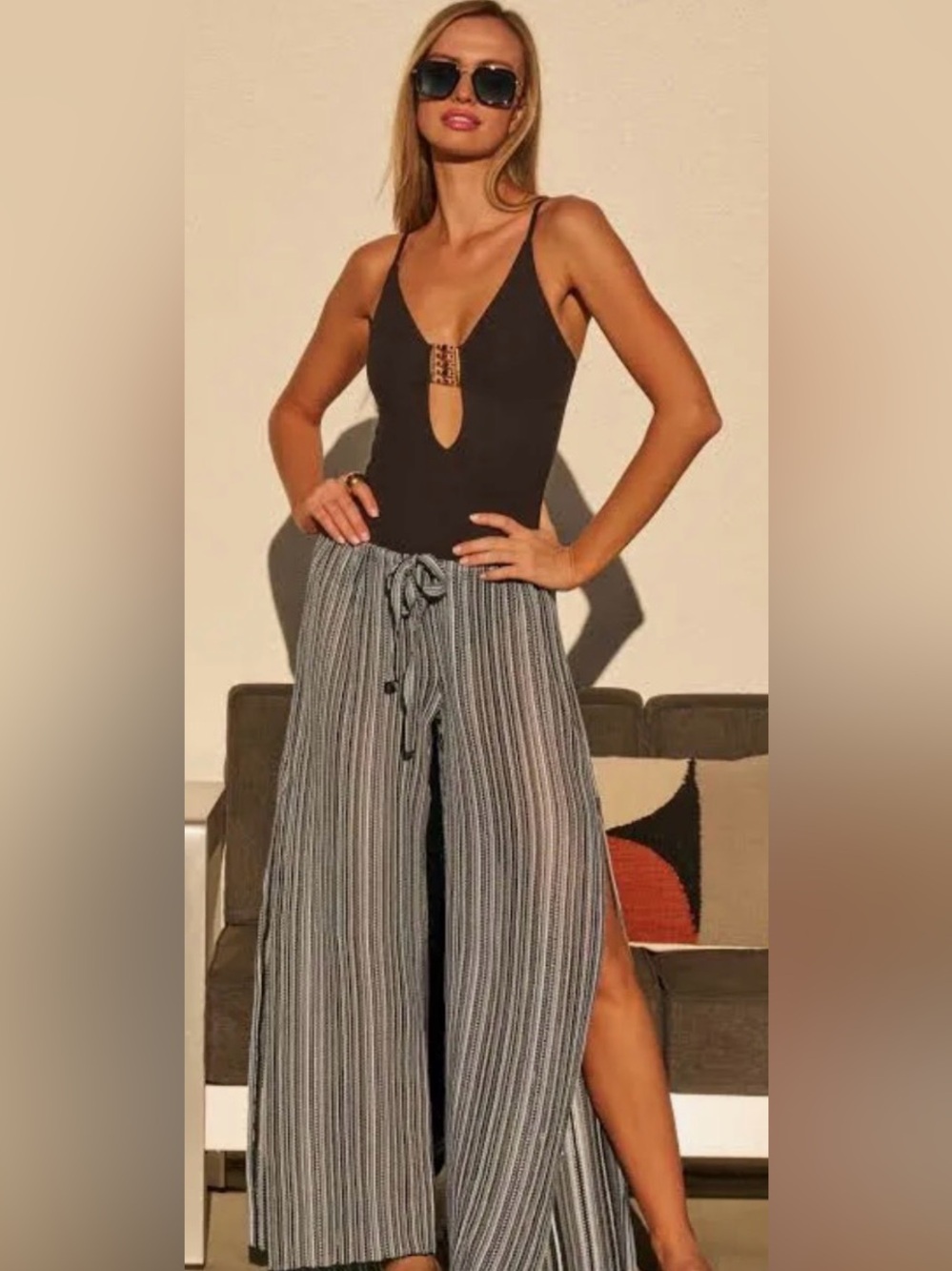 BECCA Seaside Multi way cover-up pants white and black stripes with drawstring M